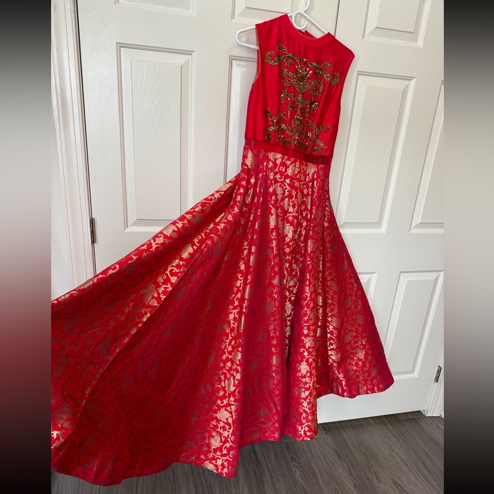 Red Floor Length Indian Gown with Gold Detailing